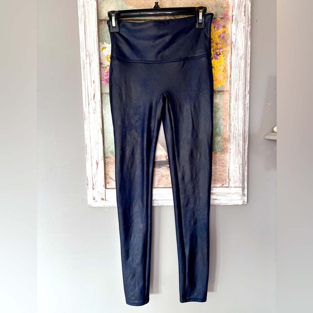 Spanx Black Coated Faux Leather Leggings Full Length Size Medium